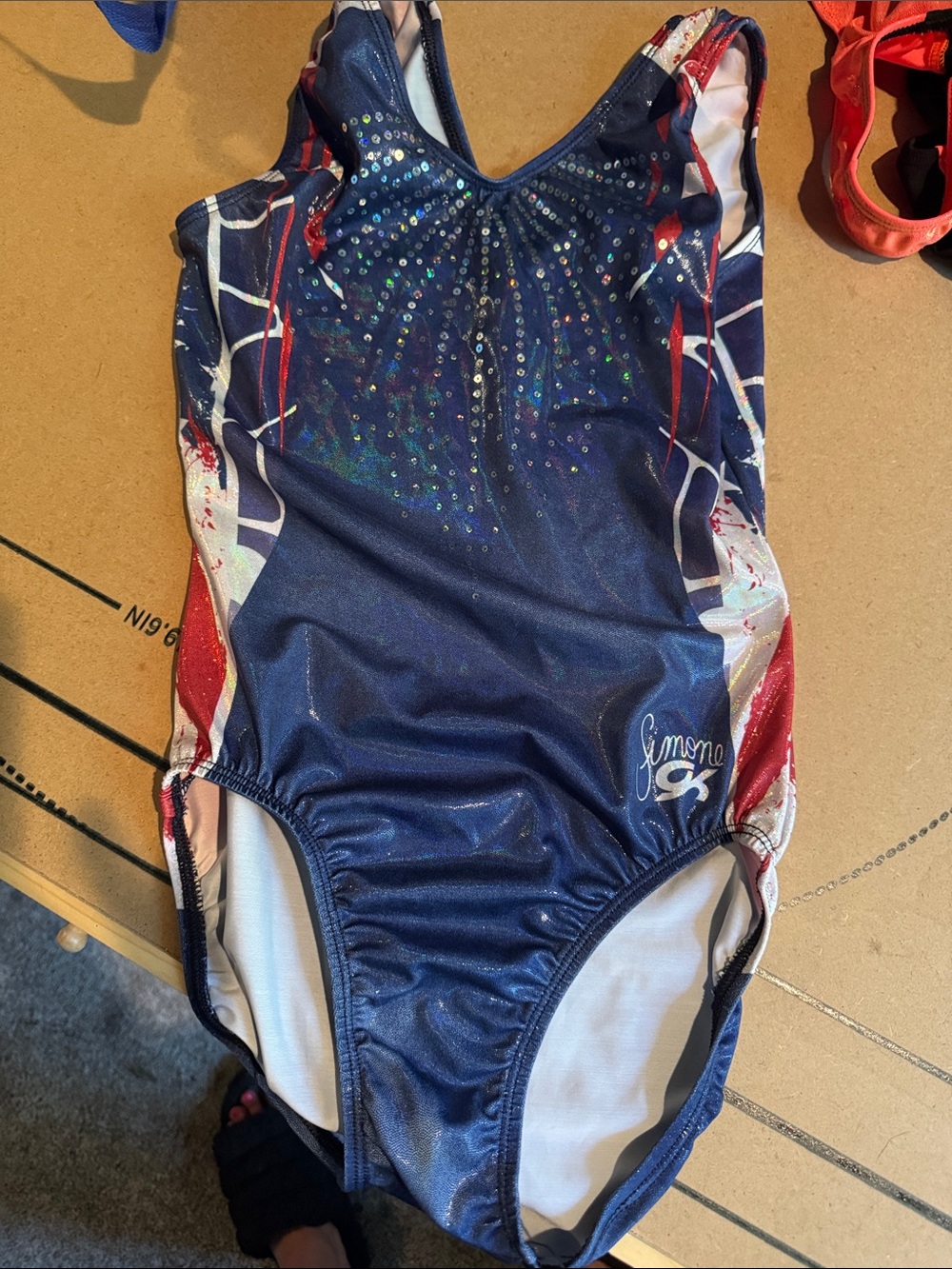GK Simone Biles Navy Blue & Red Sparkle Girls' One-Piece Bodysuit
